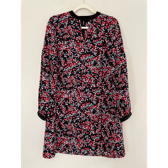 Loft Size M Black Red Floral Long Sleeve Dress Knee Length Lightweight - Picture 1 of 7